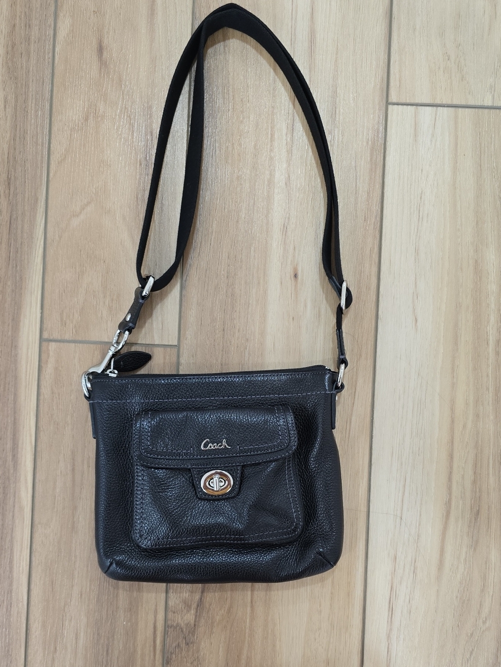 Coach Black Pebbled Leather Crossbody with Turnlock Pocket